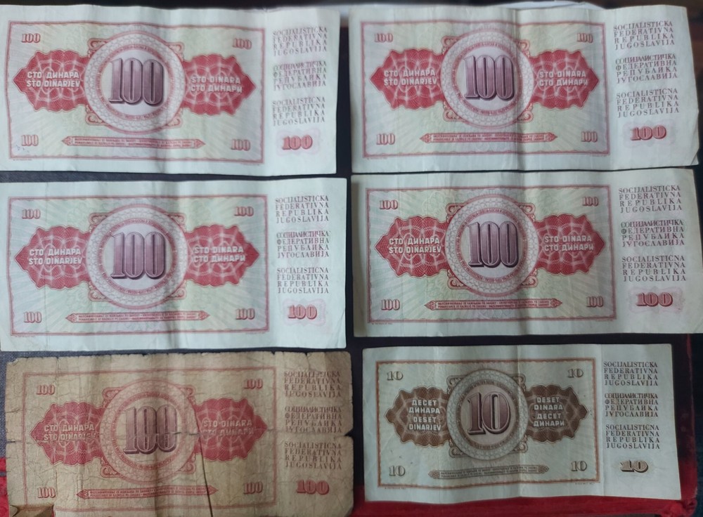 Yugoslavia 5x 100 Dinar Notes 3 dated 1981 2 1978 1 And 10 Dinar Note Dated 1968