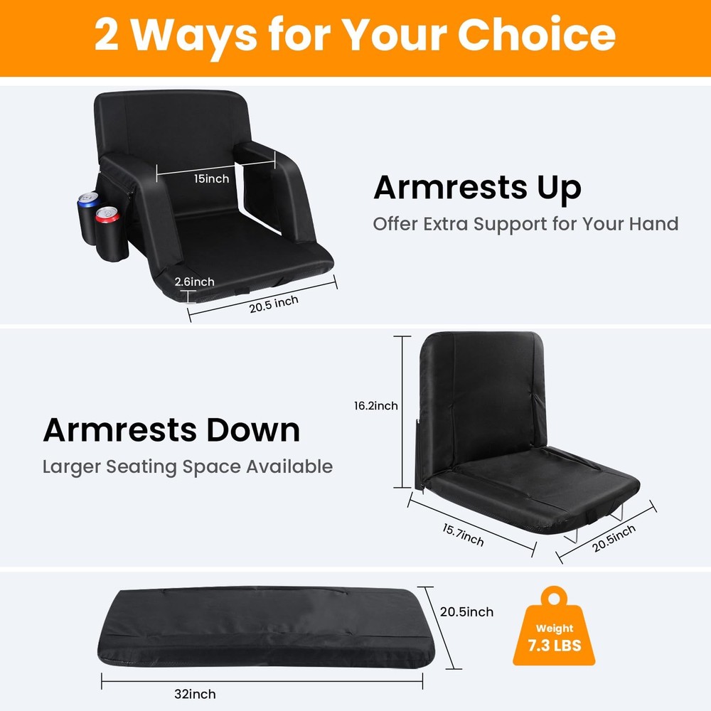 Stadium Seats with Back Support, 2 Pack Bleacher Chairs 2 Pack, Black