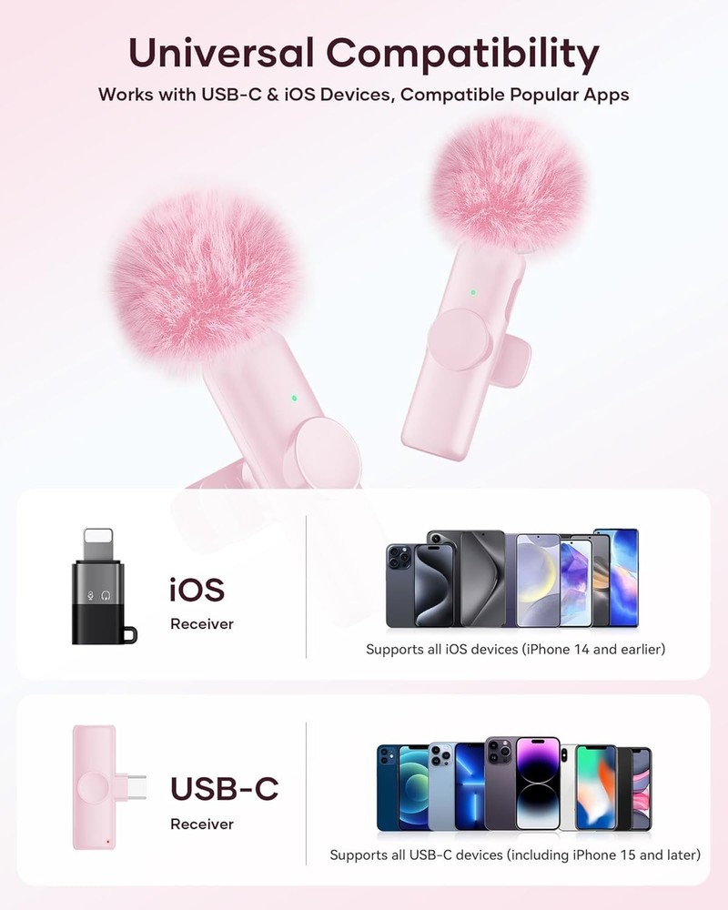 Wireless Microphone for iPhone iPad and Android Phone, 2 Pack Wireless Lavalier
