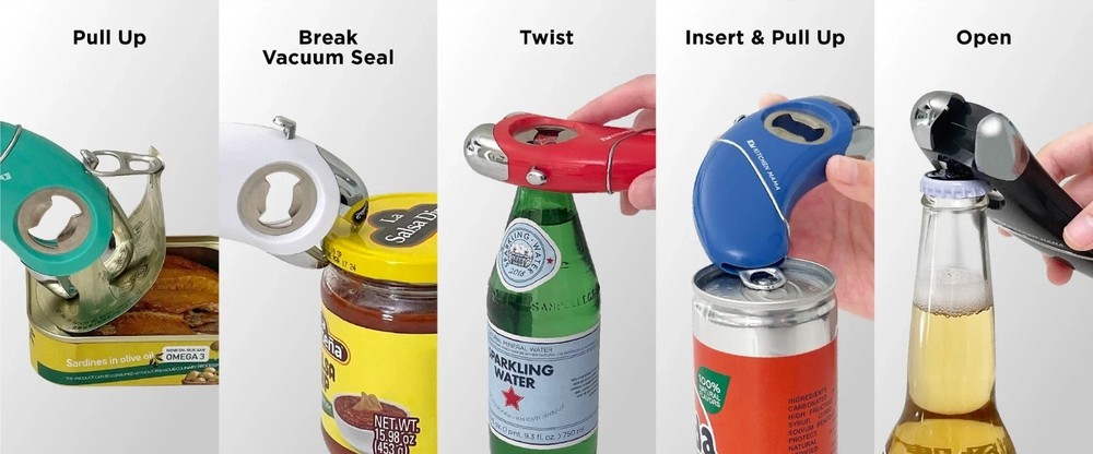 Kitchen Mama Epic One Multifunction Opener – Easy Pull-Tab Can, Jar & Bottle Red