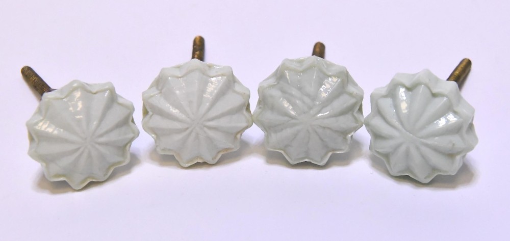 4 VINTAGE WHITE GLASS DRAWER PULLS KNOBS