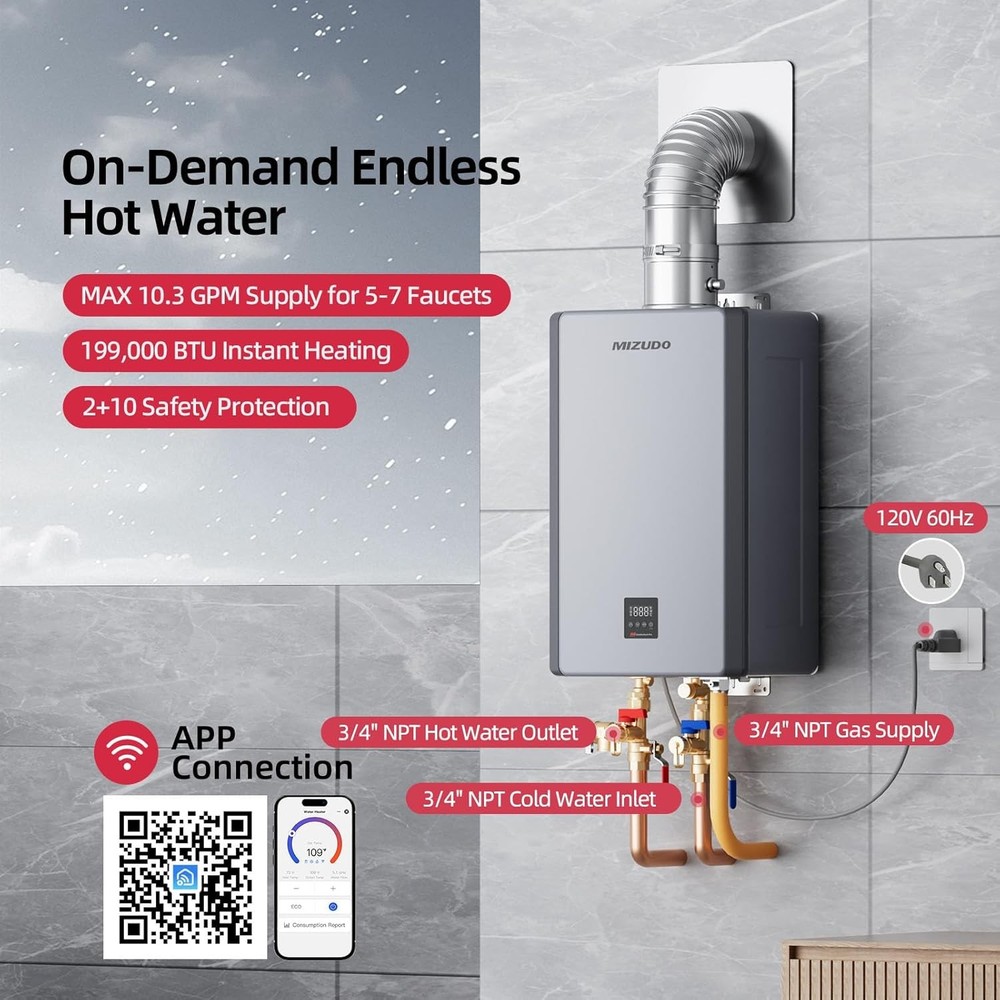 MIZUDO 199k BTU Tankless Water Heater Natural Gas Smart WiFi Max 10.3 GPM