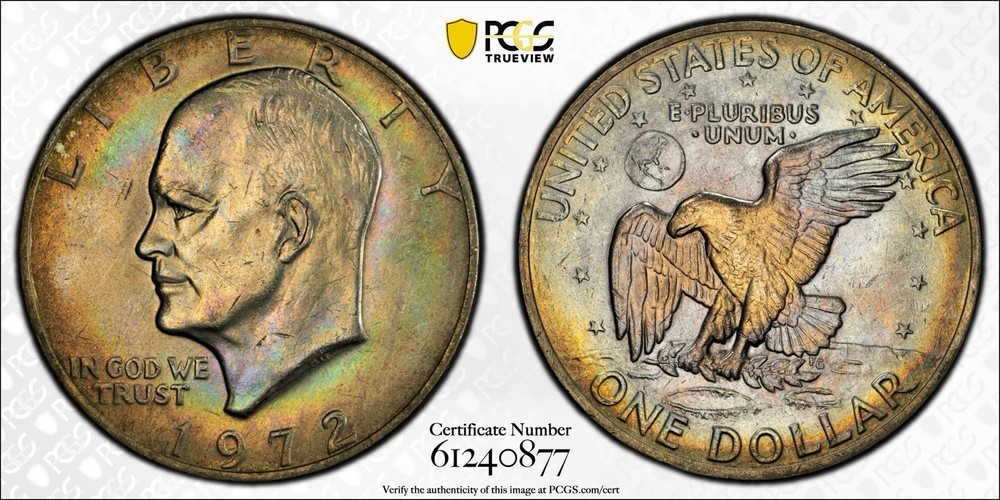 1972 $1 Type 1 Ike Dollar MS64 PCGS Gold Shield Toned
