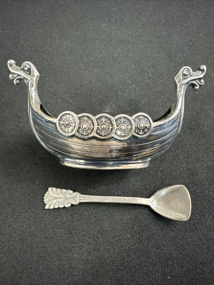 David Andersen Sterling Viking Ship Salt Cellar Oxidized W/ Spoon - Norway