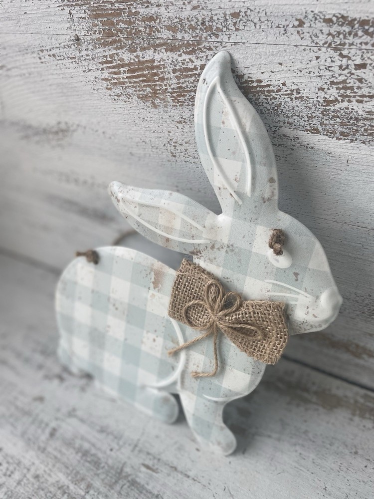 Spring Blue Gingham Hanging Metal Bunny