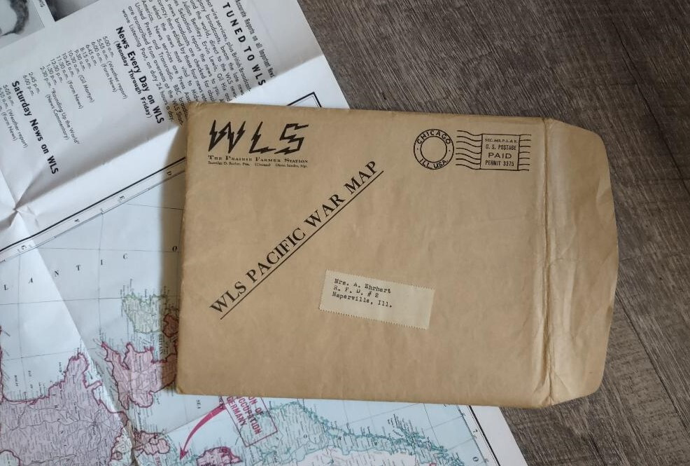 Vintage 1945 WLS WWII PACIFIC WAR Two-Sided MAP w/Original Envelope