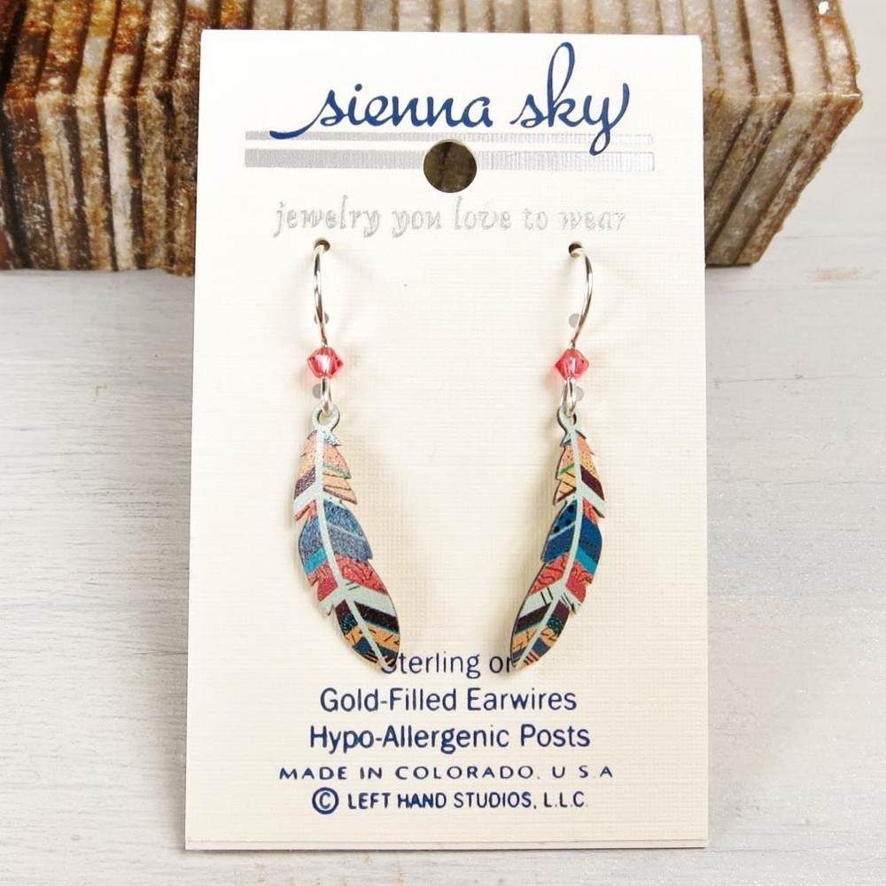 Sienna Sky Earrings Sterling Silver Hook UV Printed Multi-Colored Feather 1988