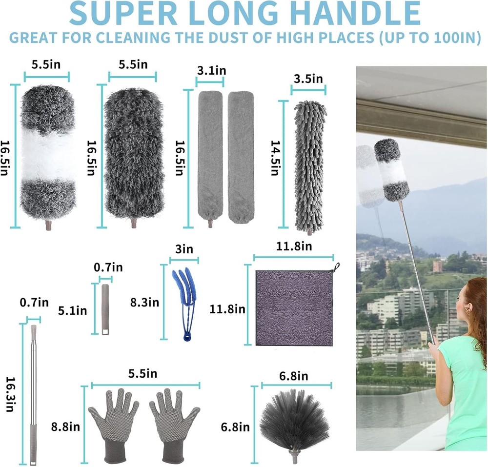 Microfiber Feather Duster W/ Extension Pole 30 to 100 inches Reusable,Bendable