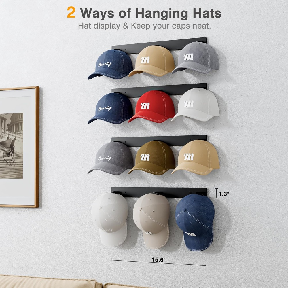 Hat Rack Wall Mount 2-Way Display Hooks 4 Pack Holds 2 Hats | Wall Hanger