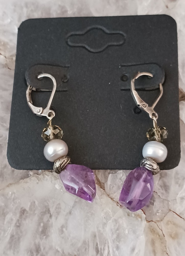 Silver White Pearl & Purple Earrings
