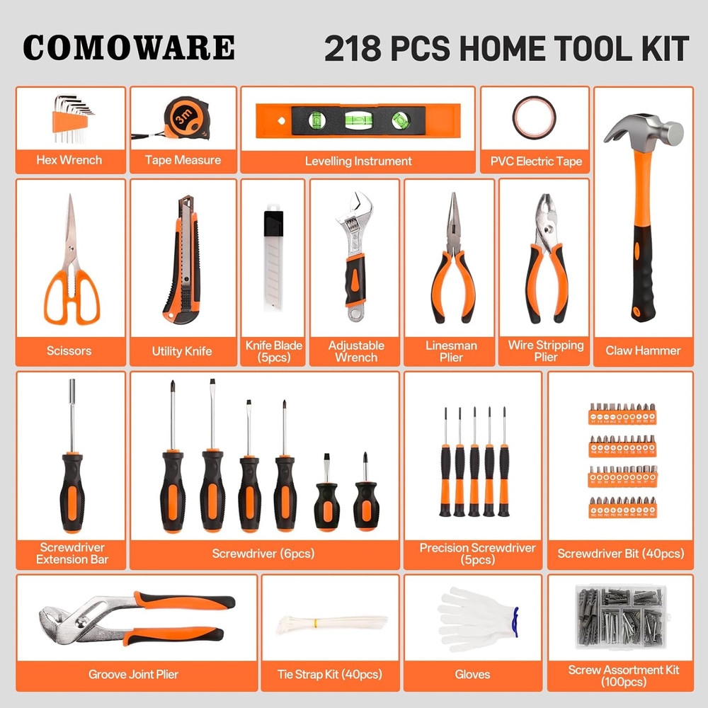 218 Pcs Home Tool Kit - Basic Household Hand Tool Set, Truck Tool Kit Socket Wre
