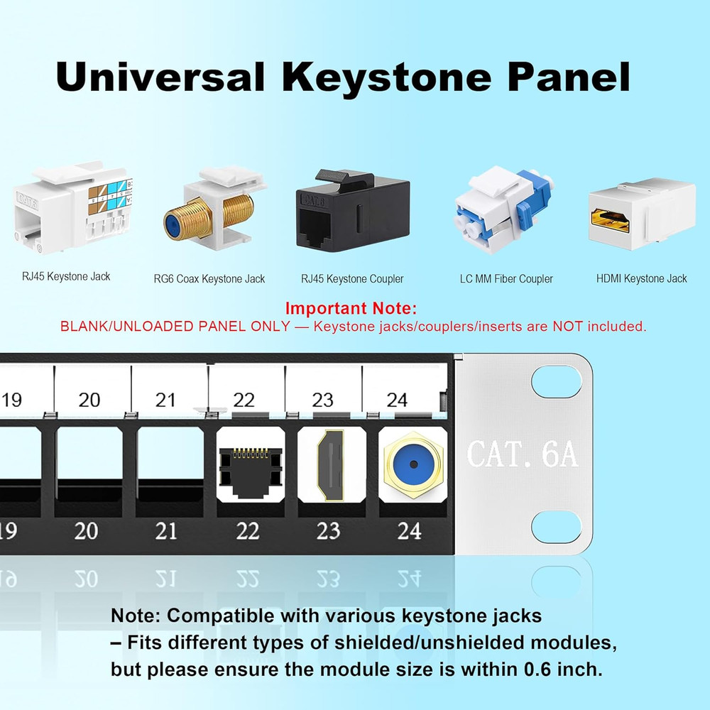 19” 1U Shielded Blank Patch Panel 24-Port Rack Mount Keystone Panel Cat6/Cat6A