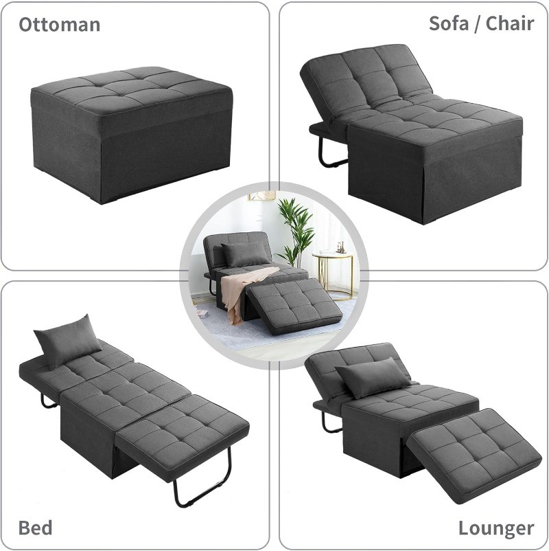 Set of 4 in 1 Multi-Function Folding Ottoman Breathable Linen Couch Sofa Bed