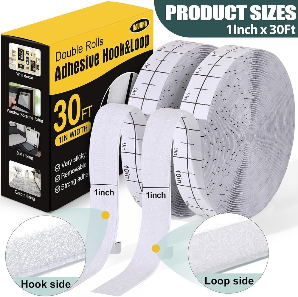 Self-Adhesive Nylon Hook and Loop Strips - 30ft Rolls for Home & Office Use
