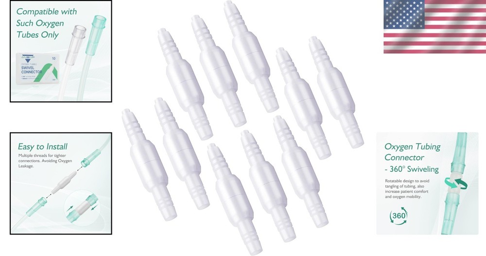 360° Rotation Oxygen Cannula Connector - No Leak, Easy Install - 10 Pack