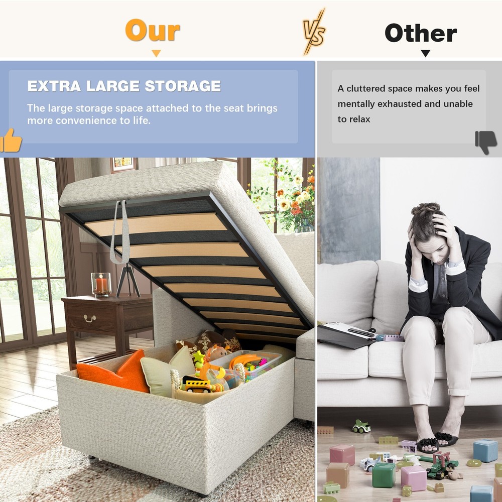 Linen Sleeper Sofa Bed,Pull OutCouch Bed with Storage Chaise