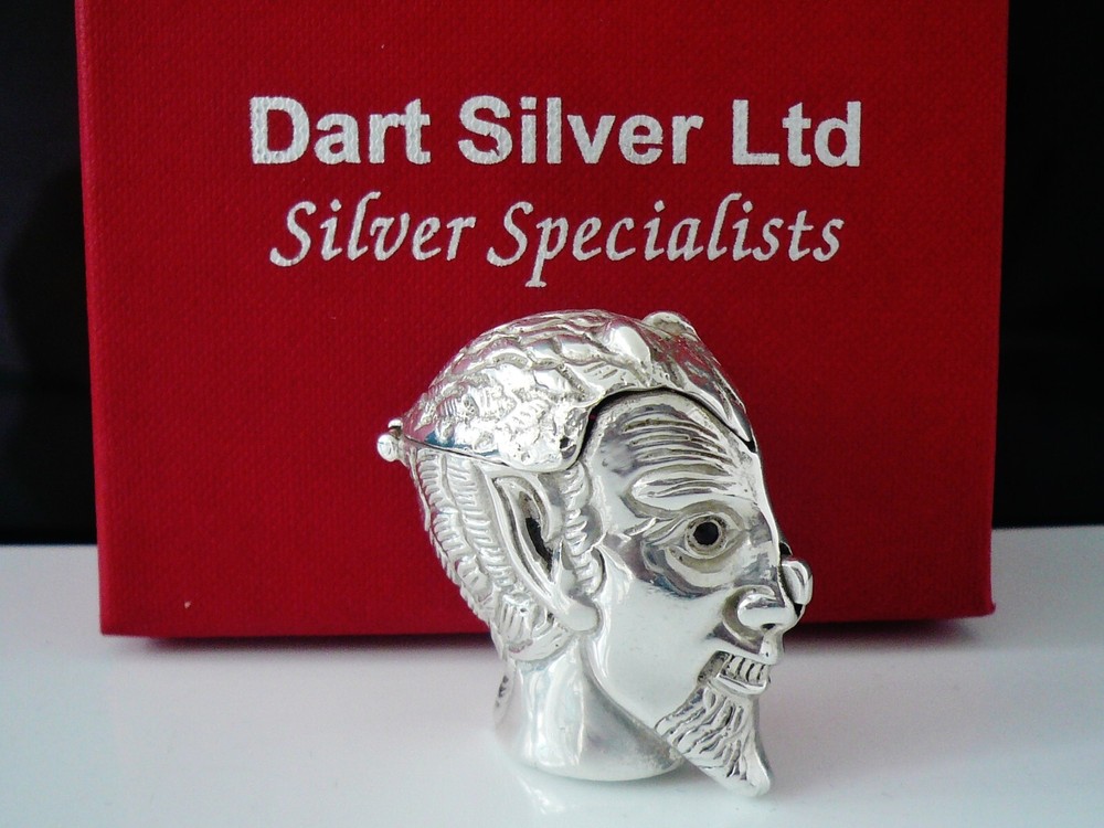 Novelty Sterling Silver Horny Devil Vesta Case, Push Button Nose Release to Open