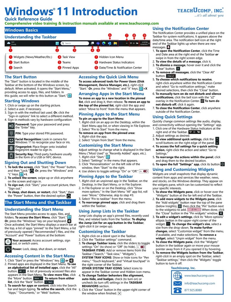 Windows 11 Training Guide Quick Reference Card 4 Page Cheat Sheet Instructions
