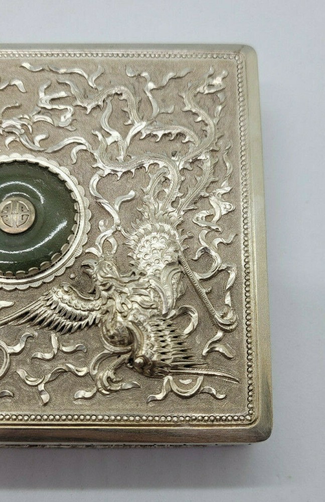 ANTIQUE BEAUTIFUL SOLID SILVER CIGARETTE CASE DRAGON & JADE SCENE 132.6 G. /B090