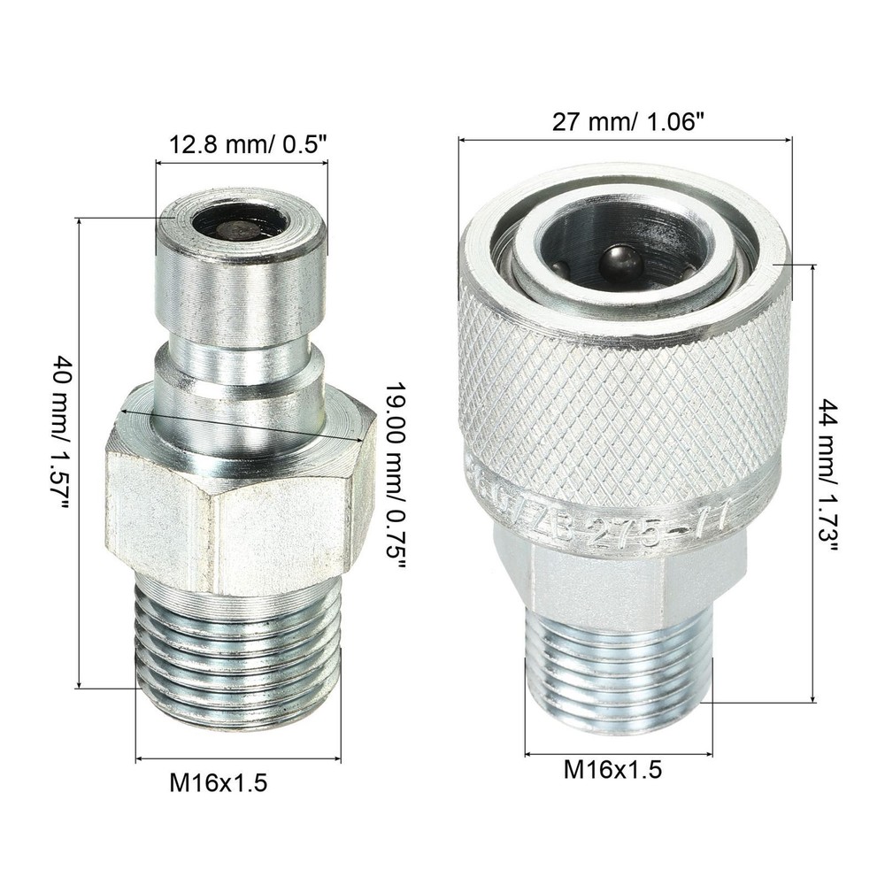 Hydraulic Quick Connect Coupler Set M16x1.5mm Male Pipe Fitting Silver