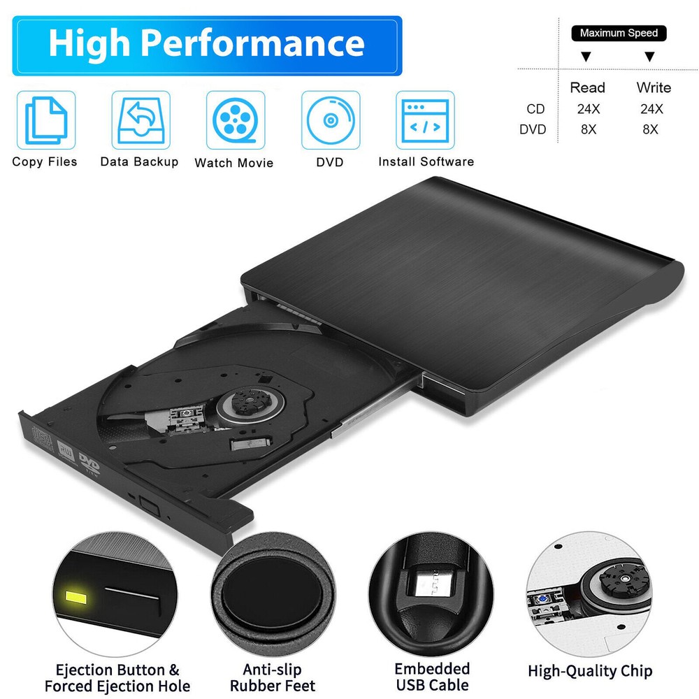 DVD CD RW USB External CD RW Disc Burner Drive Reader Windows 7 10 11 Laptop PC
