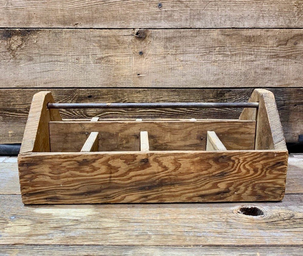 Rustic Wood Tool Caddy, Carpenters Box with Handle, 16" x 8"