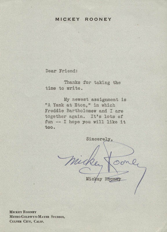 MICKEY ROONEY - TYPED LETTER SIGNED