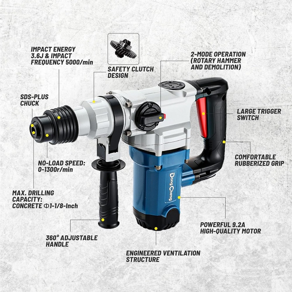 Powerful 9.2 Amp Rotary Hammer Drill with Adjustable Handle, 3 Drill Bits