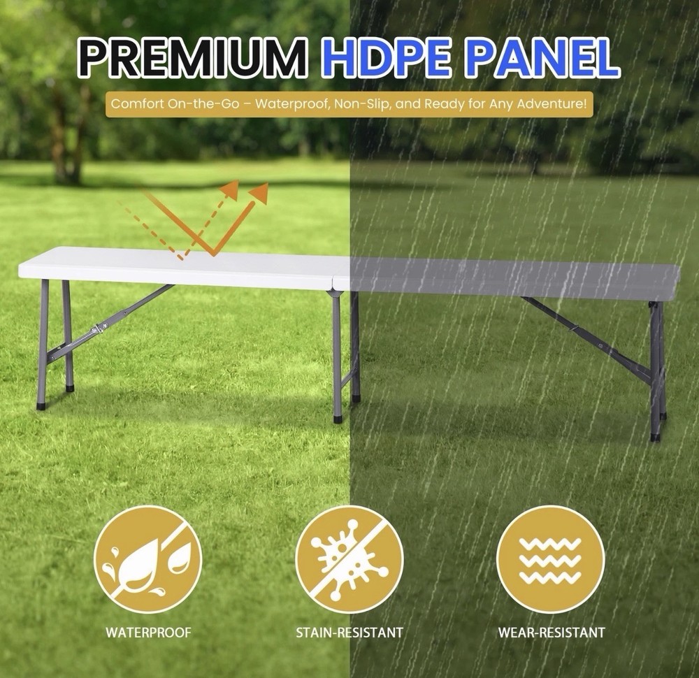6ft Plastic Folding Bench 2 Pack Portable Waterproof Dining Seat w/ Handle White