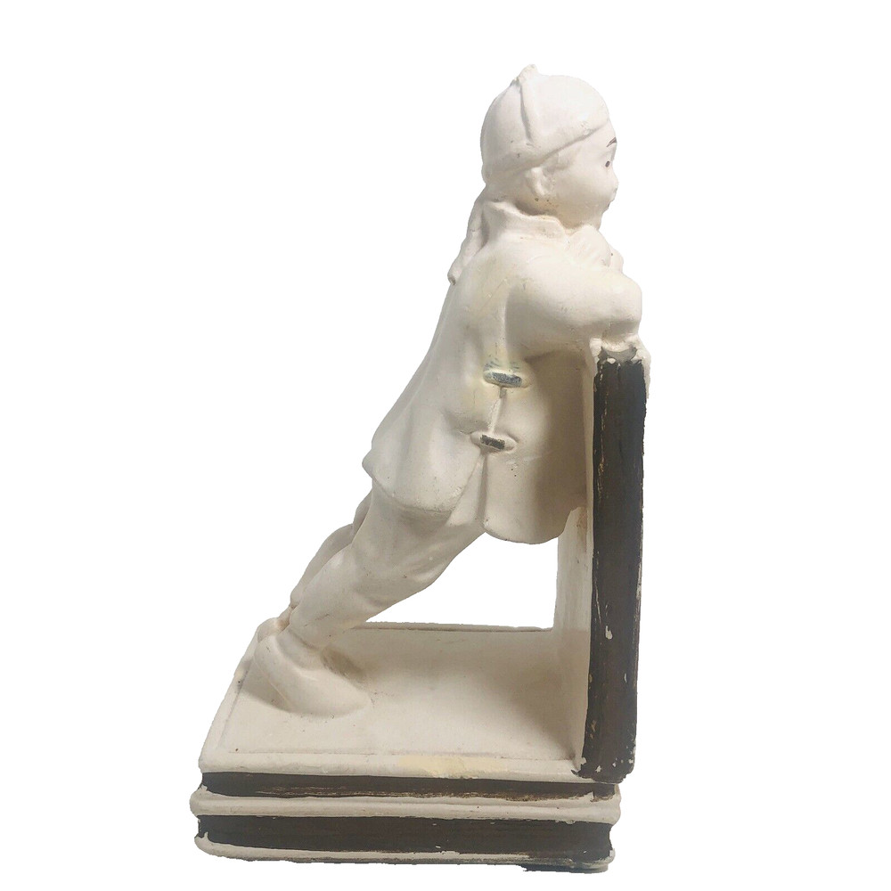 Vintage Chalkware Bookend MCM Chinese Boy Kneeling Plaster 9"