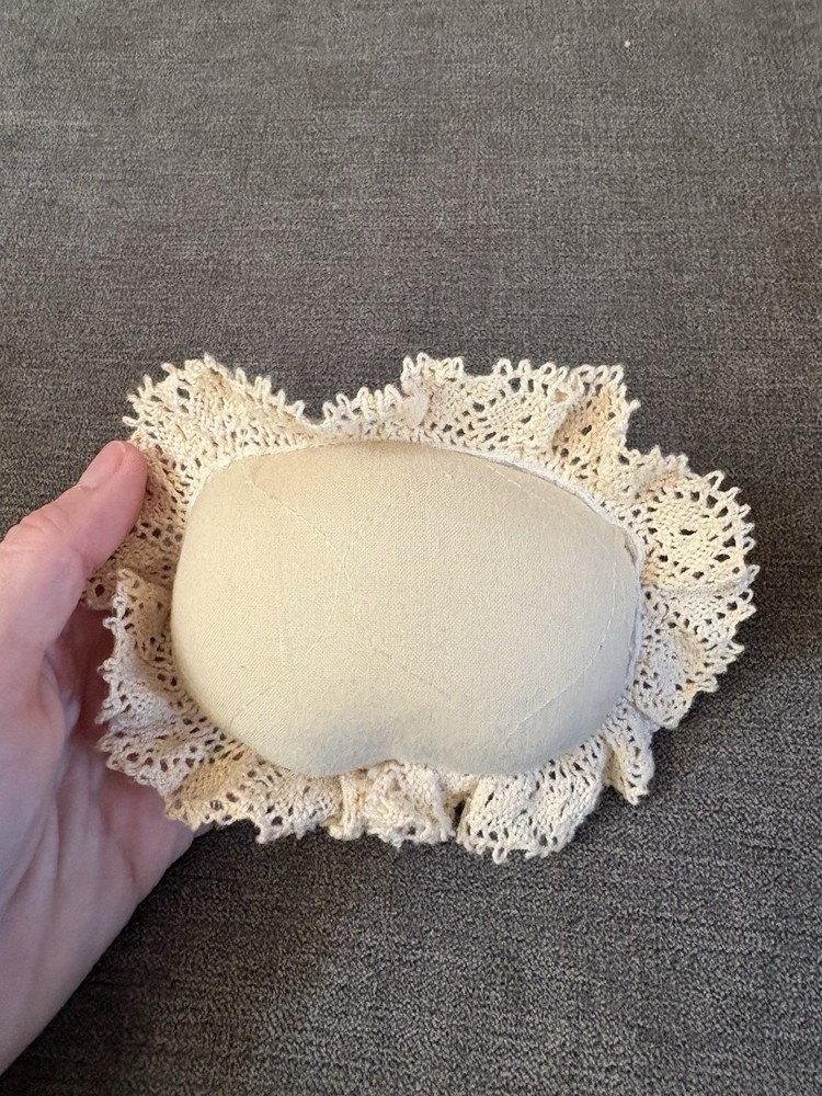 Vintage Pin Cushion; includes Pins, Button Themed With Lace Has A Button Thimble