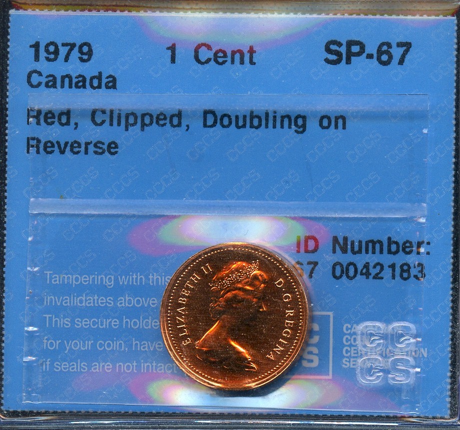 ERROR. 1979 Canada 1 Cent CCCS SP-67 Red. Clipped, Doubling on Reverse. Rare