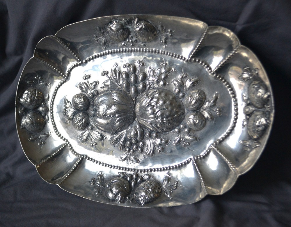 Antique German 800 Silver Repousse "Fruit" Tray Bowl