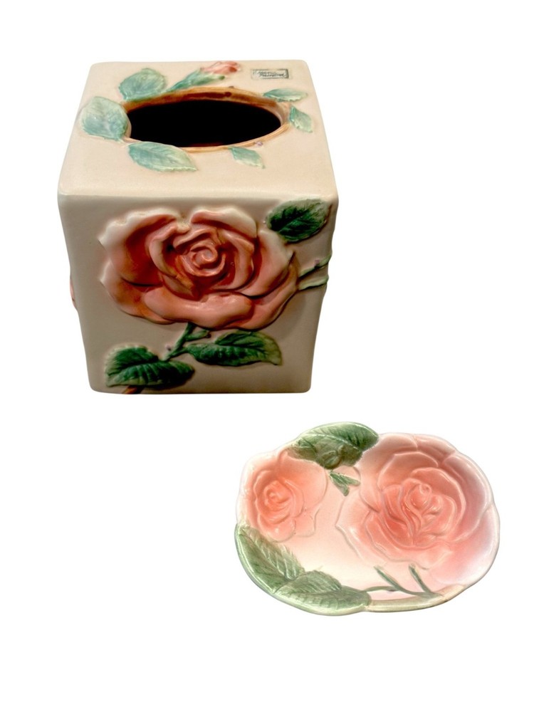 Fitz And Floyd 1987  Blushing Rose Ceramic Tissue Box Cover & Soap Dish Set