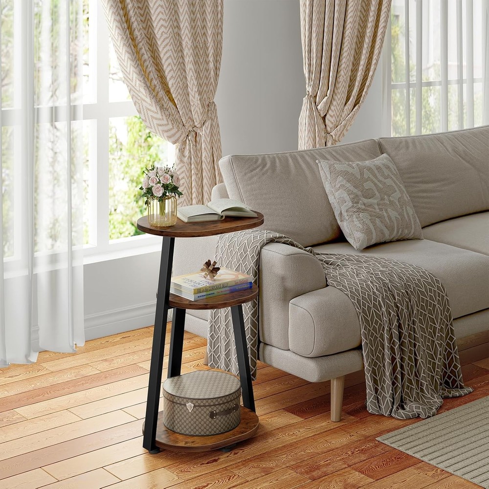 Side Table Small End Table W/ Metal Frame 3-Tier Bedside Tables Round Brown