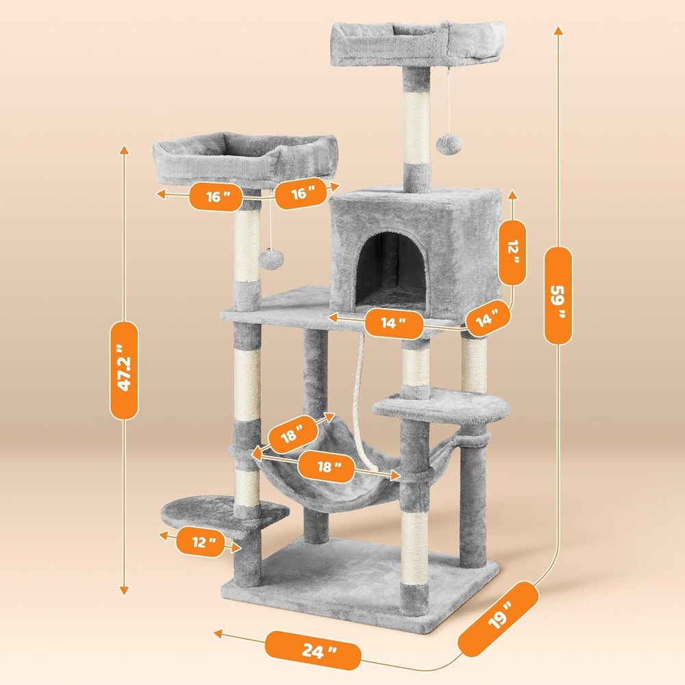 59in Cat Tree Multiple Cats Multi-Level Activity Tower w/Hammock Condo Perches
