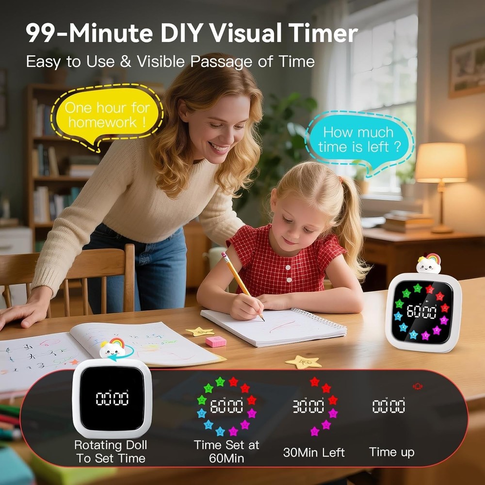 Digital Visual Timer for Kids, Rechargeable 99-Minute Silent Countdown Timer ...