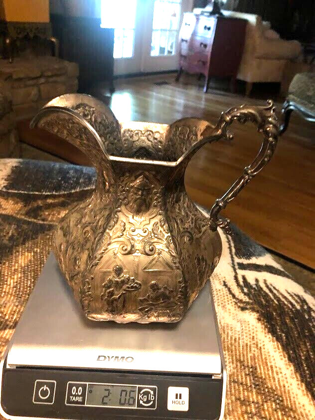 ANTIQUE 19TH CENTURY SILVER PLATED REPOUSSE WATER PITCHER