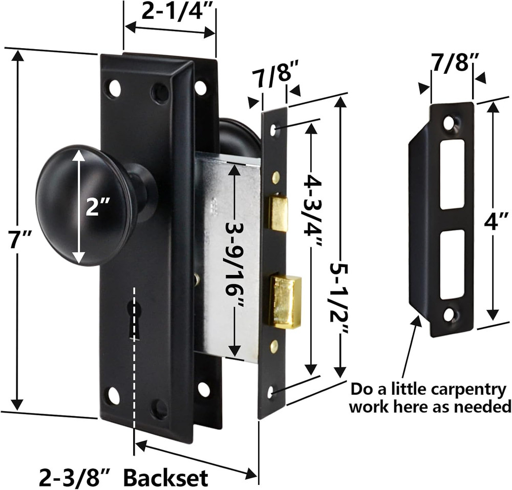 Vintage Mortise Lock Set with Skeleton Key - Black Knobs, 4 Pack