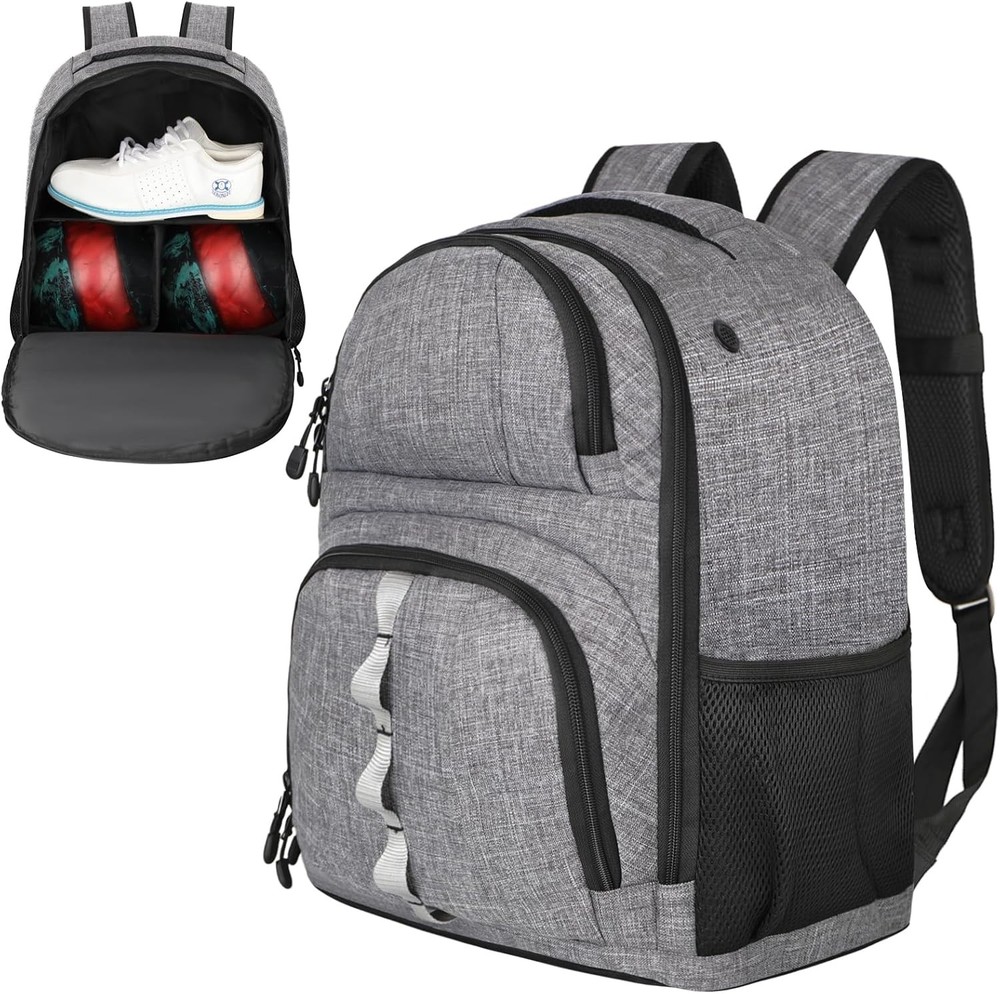 2 Ball Bowling Backpack,Bowling Bag with Shoe Compartment & Grey
