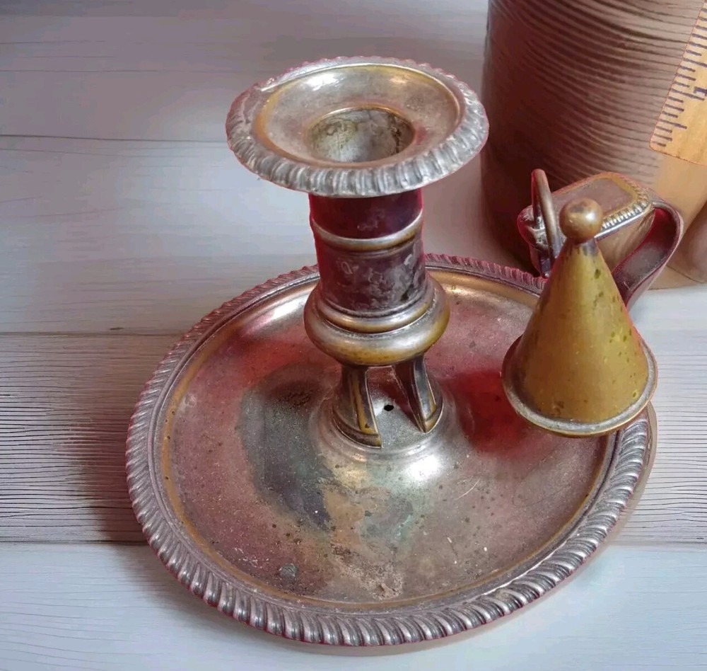 Vintage Silver Plate Candlestick Holder with Attached Snuffer
