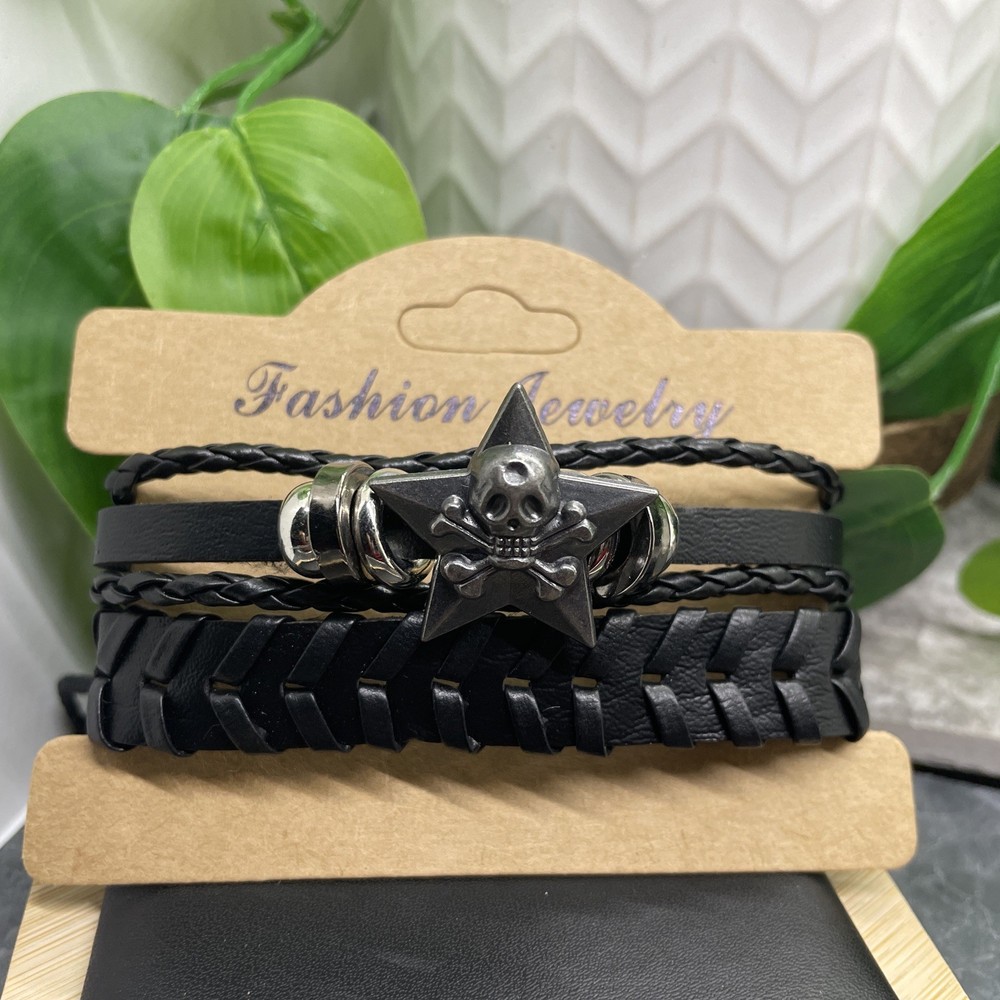 2 PC Leather Bracelet Set Stackable Adjustable Tie New Free Ship B7514