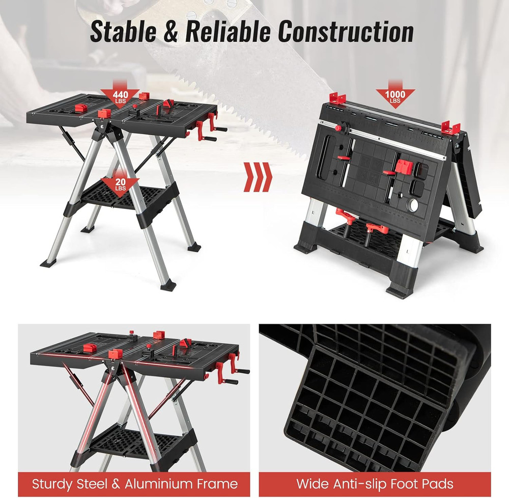 IRONMAX Folding Work Table, 2-In-1 Height Adjustable Workbench & Sawhorse W/Fold