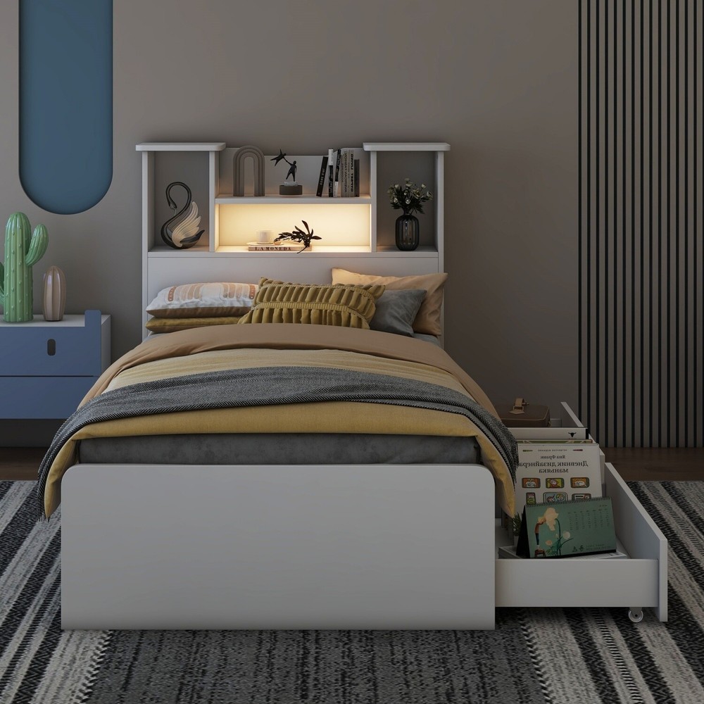 Twin Size Bed Frame Wood Platform Bed with Storage Shelf & Drawer & LED Light US