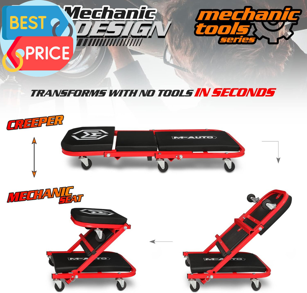Foldable Z Creeper 2-In-1 Rolling Folding Car Creeper & Seat, 36" Adjustable Rol
