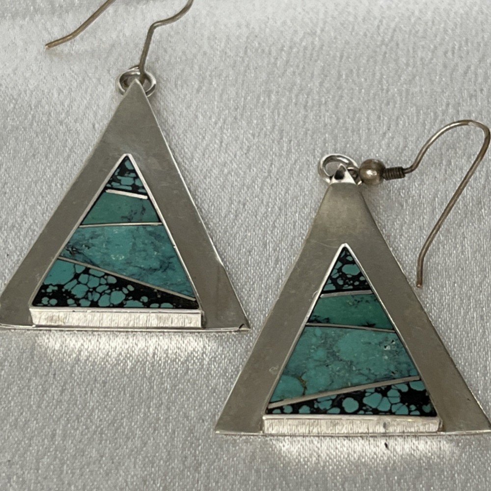 L Jackson Triangle Turquoise Inlay Dangle Silver Earrings