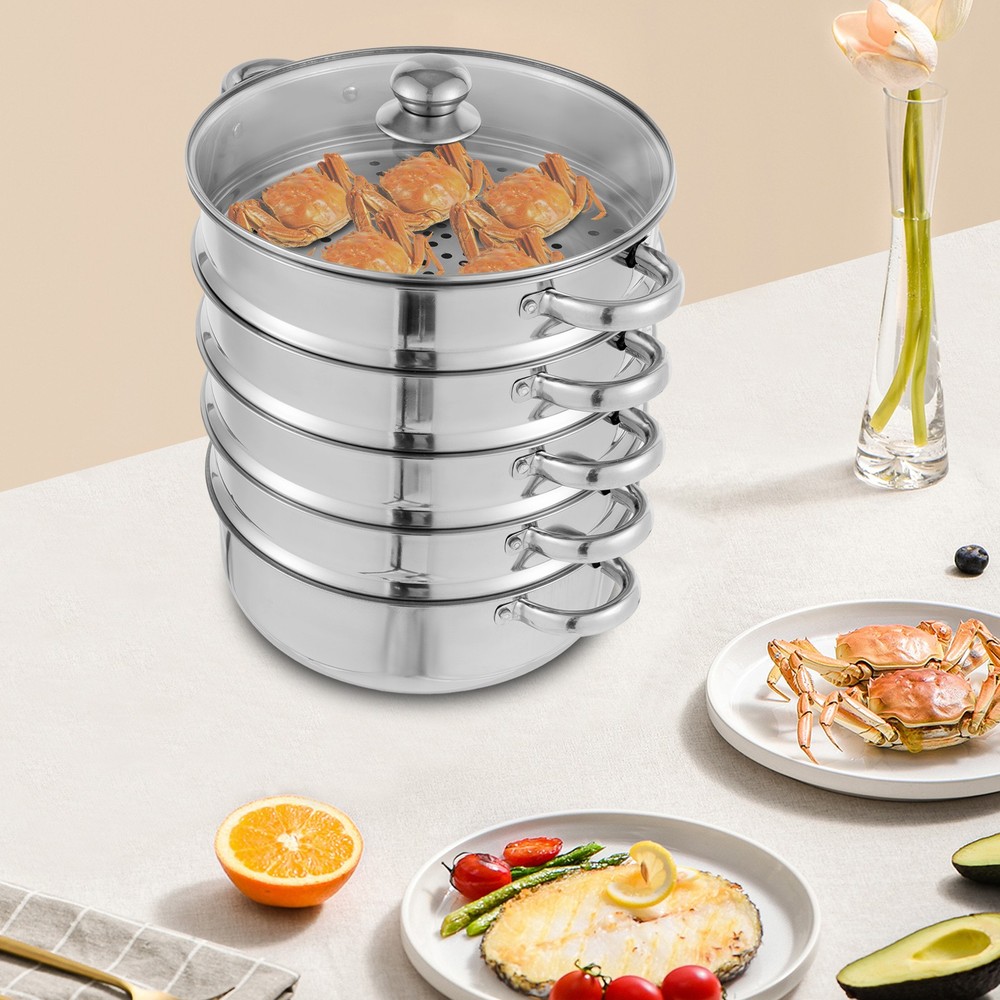 Commercial 5 Tier Stainless Steel Steamer W/ Transparent Pot Lid Multi-Function