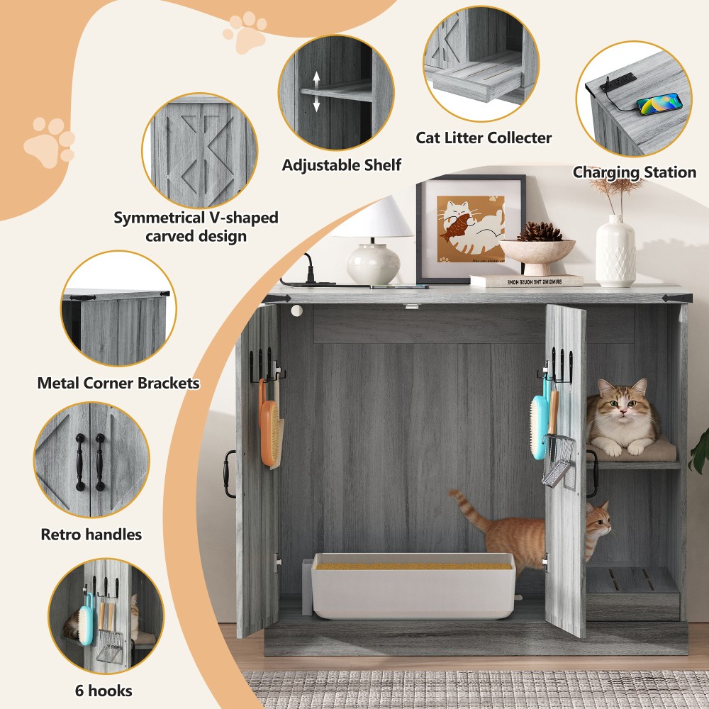 Large Auto Cat Litter Box Cabinet with Charging, Adjustable Storage Shelves