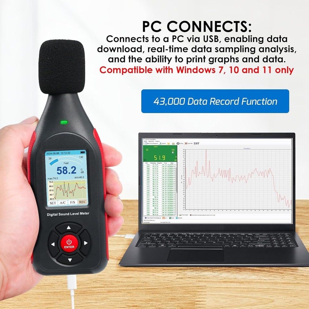 Digital Decibel Meter Data Logger 43K Record USB Excel Export High Accuracy