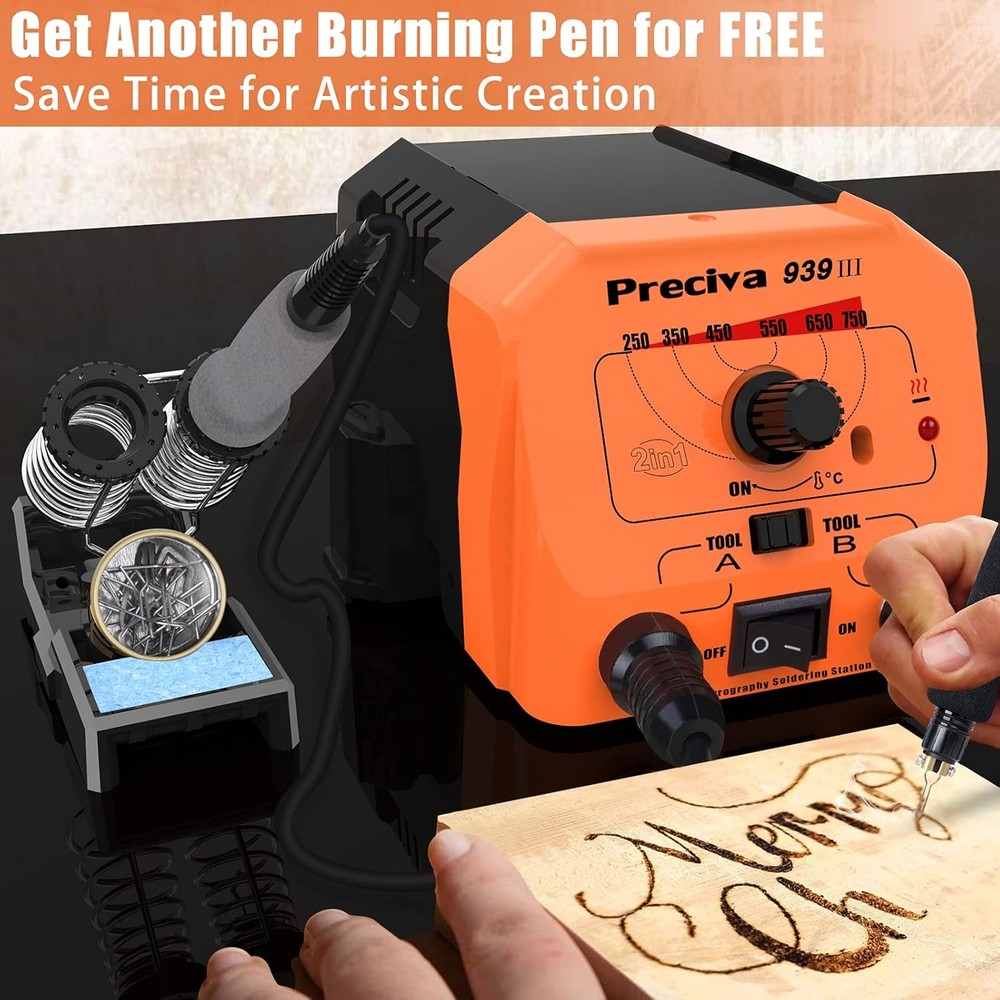 Dual Handle 40W Adjustable Temperature Wood Burning Tool & Pyrography Kit